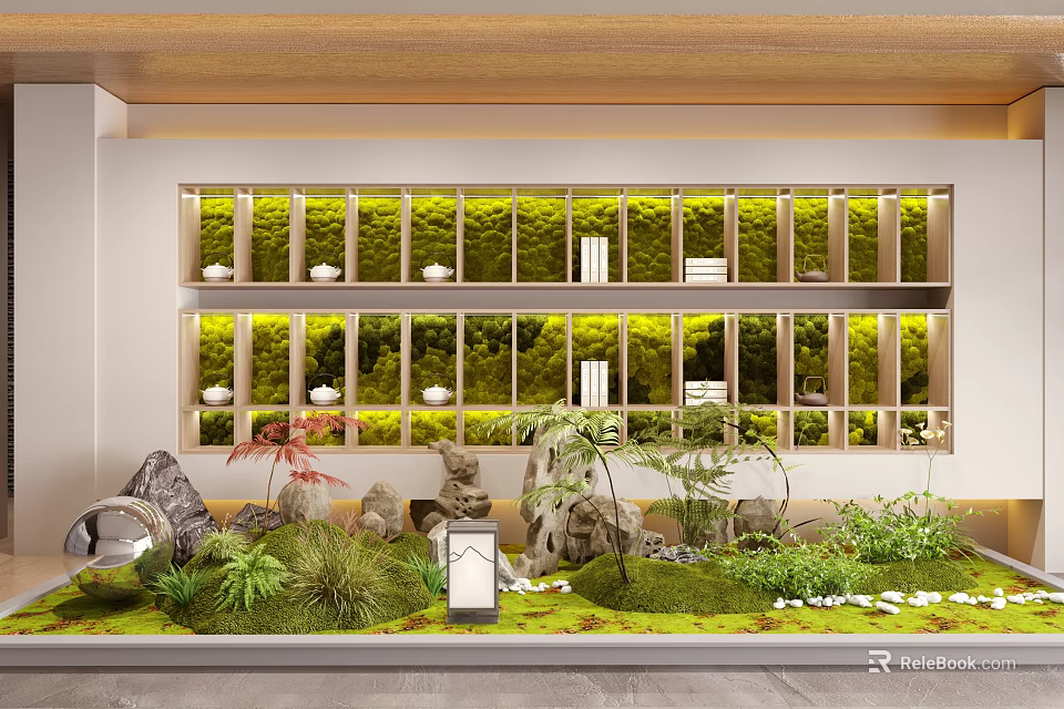 Tranquil Courtyard Garden With Moss Wall Wooden Shelves Stones And Lush Greenery 3d model 