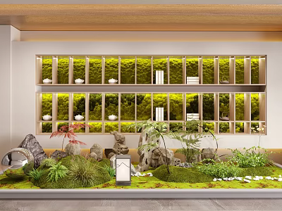 Tranquil Courtyard Garden With Moss Wall Wooden Shelves Stones And Lush Greenery 3d model