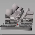 Traditional Architecture 3D Model With Sloped Roofs Pathway And Cherry Blossom Trees