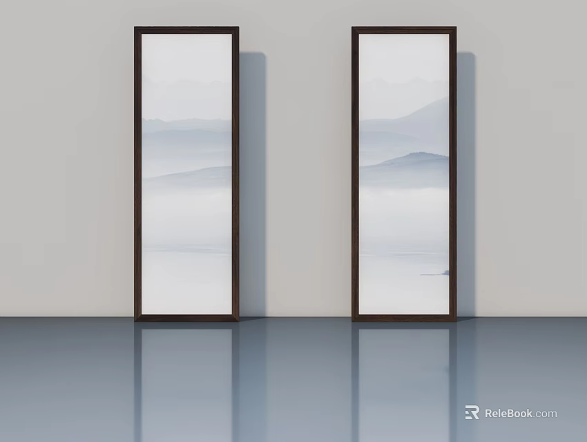 Elegant Swing Door with Mountain Landscape Painting and Dark Frame on Light Colored Wall 3d model 