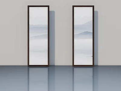 Elegant Swing Door with Mountain Landscape Painting and Dark Frame on Light Colored Wall 3d model