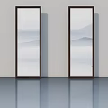 Elegant Swing Door with Mountain Landscape Painting and Dark Frame on Light Colored Wall