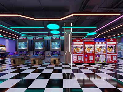 Modern Indoor Playground With Neon Lights Game Machines Vending Machines And Checkered Floor 3d model