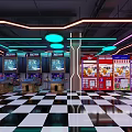 Modern Indoor Playground With Neon Lights Game Machines Vending Machines And Checkered Floor