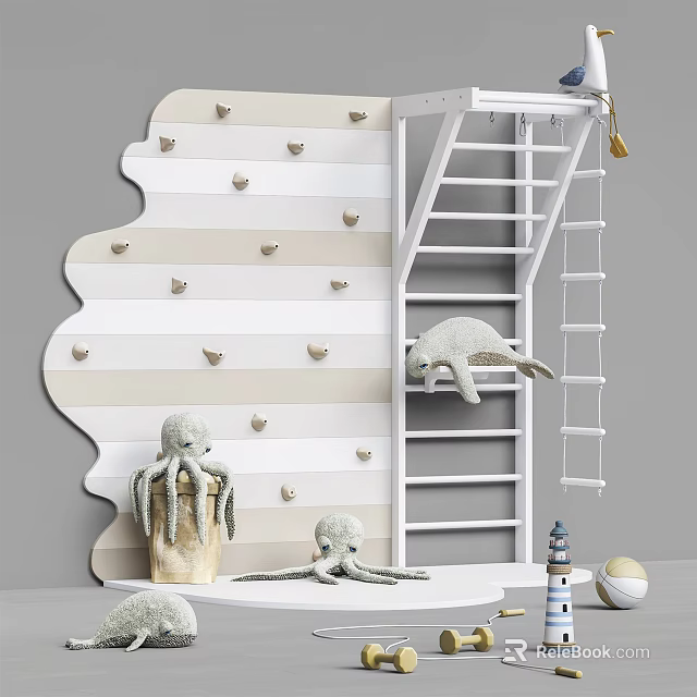 Adorable Octopus Seal Plush Toys Near Wavy Striped Wall with Heart Decorations Ladder 3d model 