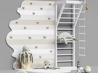 Adorable Octopus Seal Plush Toys Near Wavy Striped Wall with Heart Decorations Ladder 3d model
