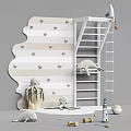 Adorable Octopus Seal Plush Toys Near Wavy Striped Wall with Heart Decorations Ladder