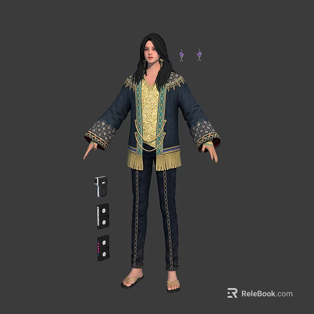 3D Character Model With Long Hair Dark Coat Gold Accents Fringe Details And Textured Options 3d model 