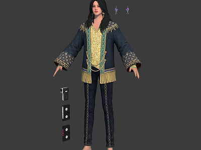 3D Character Model With Long Hair Dark Coat Gold Accents Fringe Details And Textured Options 3d model