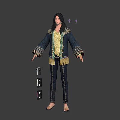 3D Character Model With Long Hair Dark Coat Gold Accents Fringe Details And Textured Options 3d model
