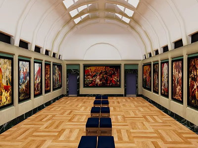 Spacious Art Gallery Interior With Paintings Benches Wooden Floor And Vaulted Ceiling Skylights 3d model