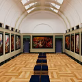 Spacious Art Gallery Interior With Paintings Benches Wooden Floor And Vaulted Ceiling Skylights