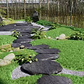 Chinese Style Green Slab Ting Step Garden Slab Paving Courtyard Slab Path Courtyard Garden Ting Step Bryophyte Group Bamboo Fence 3d model