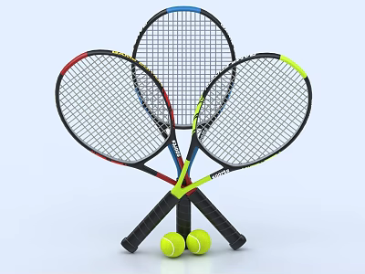 Multiple Crossed Tennis Rackets Arranged With Tennis Balls As Sport Equipment 3d model