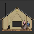 Cozy Glamping Tent Interior With Wooden Structure Chimney And People Sitting At Table