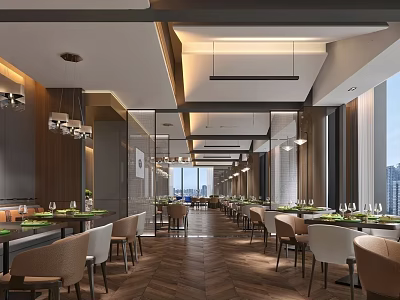 Modern Restaurant Interior With Dining Tables Chairs Chandeliers And City View Through Large Windows 3d model