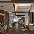 Modern Restaurant Interior With Dining Tables Chairs Chandeliers And City View Through Large Windows