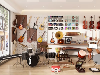 Vibrant Instruments and Art Supplies Display Space With Guitars Violins Drums and Painting Tools 3d model
