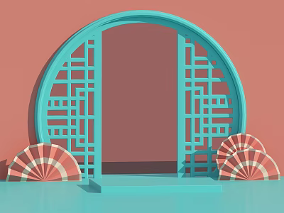 Blue Circular Arch Display Platform With Chinese Lattice And Fan Decorations On Pink Background 3d model