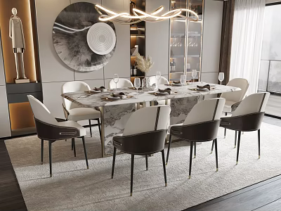 Elegant Restaurant Interior with Marble Dining Table Modern Chairs Chandelier Wall Art and Area Rug 3d model