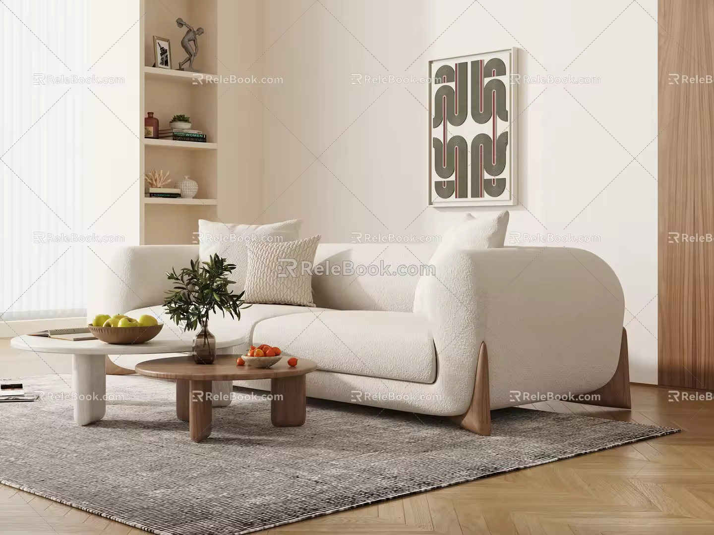 Modern Double Sofa Lamb Velvet Sofa Coffee Table Combination 3d model