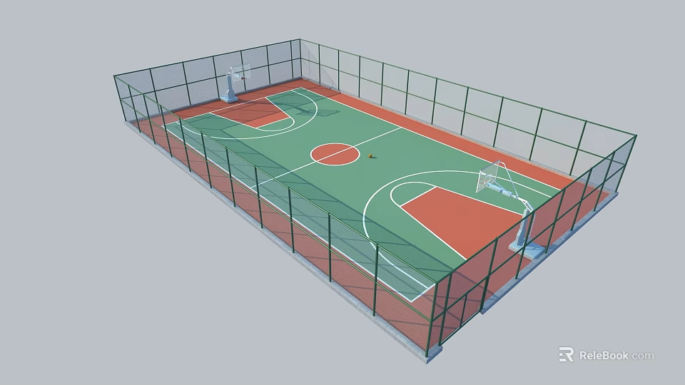 Indoor Basketball Court With Green Floor Red Painted Areas White Lines And Enclosed Fence 3d model 