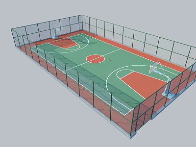 Indoor Basketball Court With Green Floor Red Painted Areas White Lines And Enclosed Fence 3d model