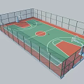 Indoor Basketball Court With Green Floor Red Painted Areas White Lines And Enclosed Fence