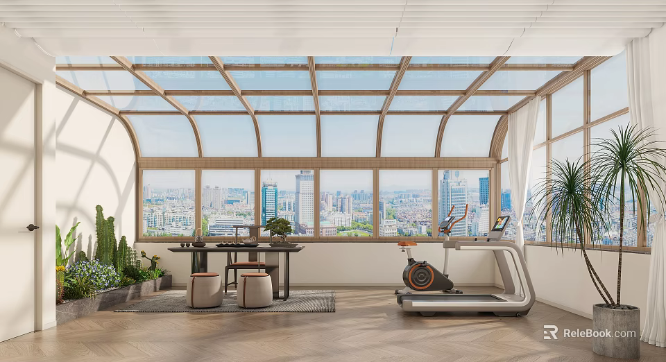 Villa Balcony With City View Fitness Area Greenery And Seating 3d model 