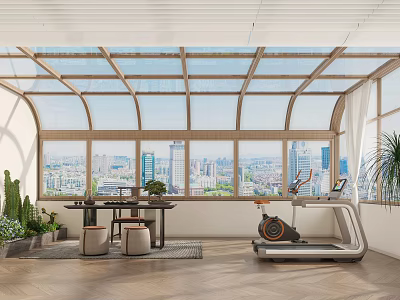 Villa Balcony With City View Fitness Area Greenery And Seating 3d model