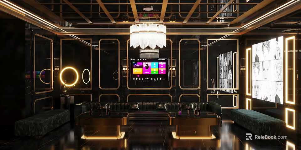 Modern KTV Interior With Crystal Chandelier Decorative Walls Sofas Screen And Lighting Effects 3d model 