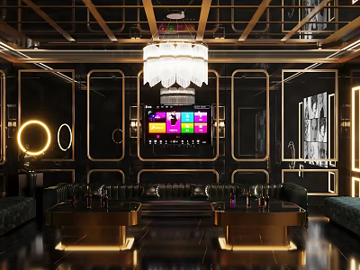 Modern KTV Interior With Crystal Chandelier Decorative Walls Sofas Screen And Lighting Effects 3d model