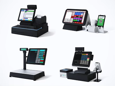 Commercial Equipment Various POS Cash Registers with Touchscreen Display and Scanner Features 3d model