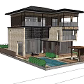 Modern Detached Villa With Swimming Pool Palm Trees Balconies And Large Glass Windows