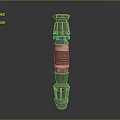 Vertical Metallic Weapon With Brown Wrapped Section And Intricate Mechanical Details