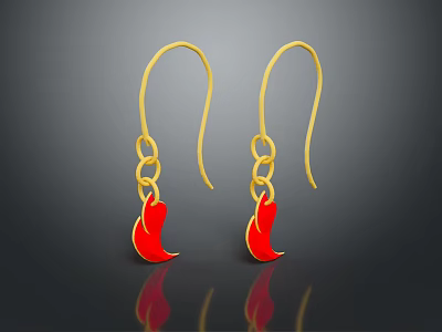 Elegant Gold Chain Drop Earrings With Red Flame Shaped Pendant 3d model