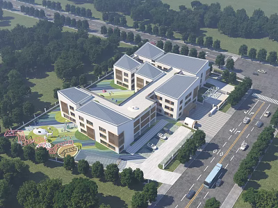 Modern School Building With Green Lawn And Playground Surrounded By Trees 3d model