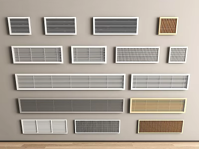 Collection of Air Conditioner Vents with Various Styles and Colors Neatly Arranged on Wall 3d model