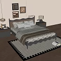 Modern Double Bed with Decorative Paintings Bedside Tables Table Lamps and Wooden Flooring