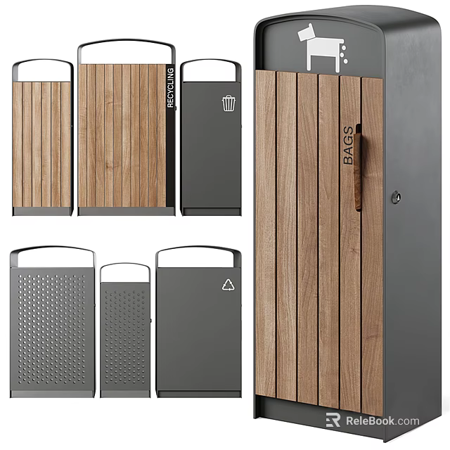 Public Trash Bins With Wooden Panels And Grey Metal Compartments For Bags 3d model 