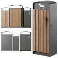 Public Trash Bins With Wooden Panels And Grey Metal Compartments For Bags