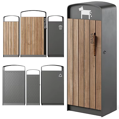Public Trash Bins With Wooden Panels And Grey Metal Compartments For Bags 3d model