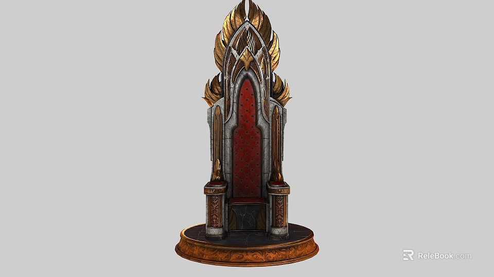 Ornate Throne With Golden Carvings Red Upholstered Seat And Circular Base 3d model 