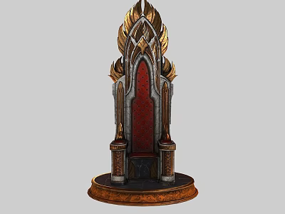 Ornate Throne With Golden Carvings Red Upholstered Seat And Circular Base 3d model