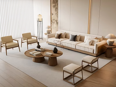 Modern Beige Sofa And Coffee Table Set With Wooden Armchairs Floor Lamp And Rug 3d model