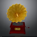 Vintage Gramophone With Yellow Flower Shaped Horn And Red Wooden Base