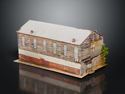 Old Wooden Cottage With Weathered Walls White Roof Multiple Windows And Small Green Plant 3d model