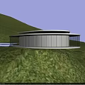 Modern Mountain Pavilion Circular Glass Facade Design Nestled On Hillside With Scenic Blue Sky