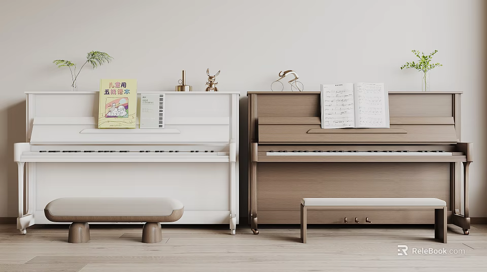 Stylish White And Brown Pianos With Music Sheets Benches Green Plants And Decorations 3d model 
