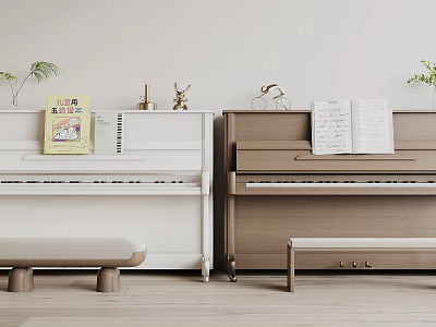Stylish White And Brown Pianos With Music Sheets Benches Green Plants And Decorations 3d model